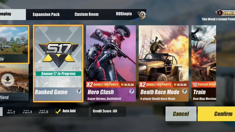 ROS Legacy mode select screen with maps and modes